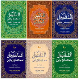 A collection of editable covers for an Islamic research journal, designed to blend traditional Islamic art with contemporary design elements