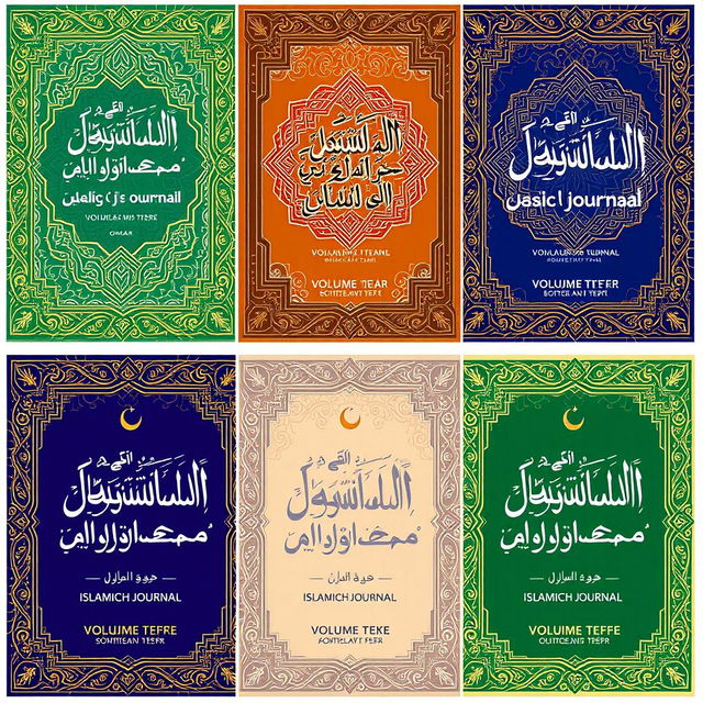 A collection of editable covers for an Islamic research journal, designed to blend traditional Islamic art with contemporary design elements