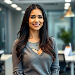 A beautiful Colombian woman aged 35 to 40 years with long dark hair, standing in a full-body pose