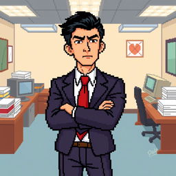 A pixel art character design of a male boss, wearing a sharp suit with a tie, standing confidently with arms crossed