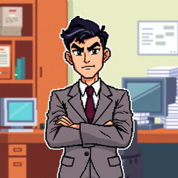 A pixel art character design of a male boss, wearing a sharp suit with a tie, standing confidently with arms crossed
