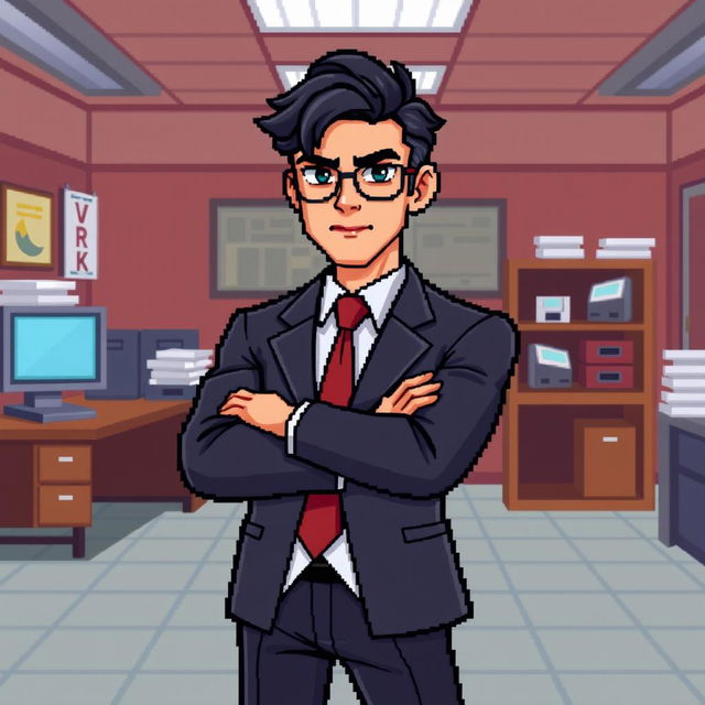 A pixel art character design of a male boss, wearing a sharp suit with a tie, standing confidently with arms crossed