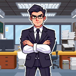 A pixel art character design of a male boss, wearing a sharp suit with a tie, standing confidently with arms crossed