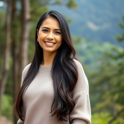 A beautiful Colombian woman aged 35 to 40 years with long dark hair, standing in a full-body pose