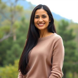 A beautiful Colombian woman aged 35 to 40 years with long dark hair, standing in a full-body pose