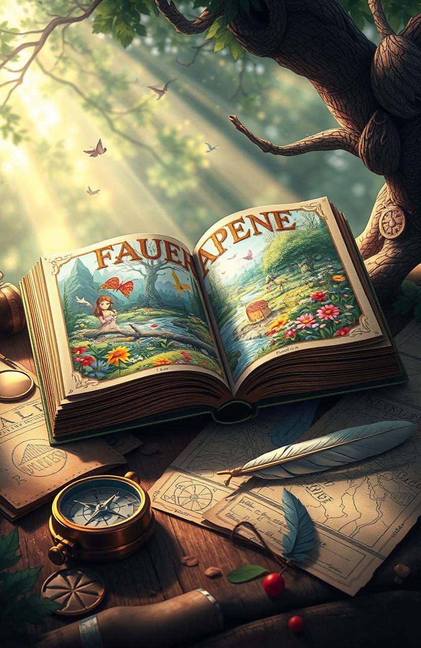 An enchanting scene depicting a whimsical adventure book, open to a vibrant illustration of a magical forest with fantastical creatures, colorful flowers, and sparkling streams