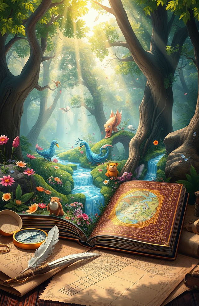 An enchanting scene depicting a whimsical adventure book, open to a vibrant illustration of a magical forest with fantastical creatures, colorful flowers, and sparkling streams