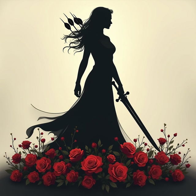 A striking silhouette of a woman standing heroically, surrounded by an array of roses elegantly laying at her feet