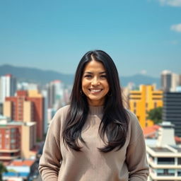 A beautiful Colombian woman aged 35 to 40 years with long dark hair, standing in a full-body pose
