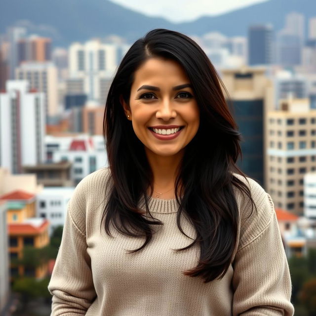 A beautiful Colombian woman aged 35 to 40 years with long dark hair, standing in a full-body pose