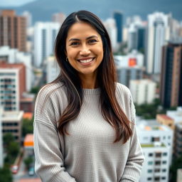 A beautiful Colombian woman aged 35 to 40 years with long dark hair, standing in a full-body pose