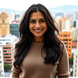 A beautiful Colombian woman aged 35 to 40 years with long dark hair, standing in a full-body pose