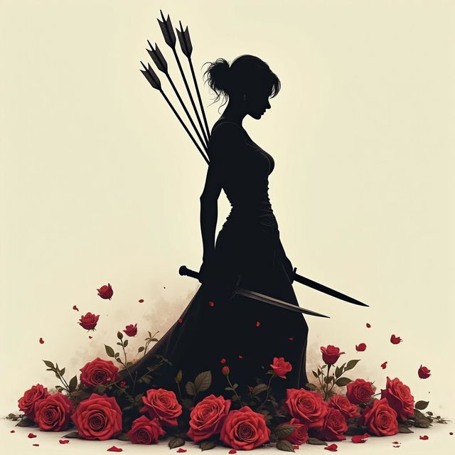 A striking silhouette of a woman standing boldly, surrounded by a beautiful scattering of roses delicately laying at her feet