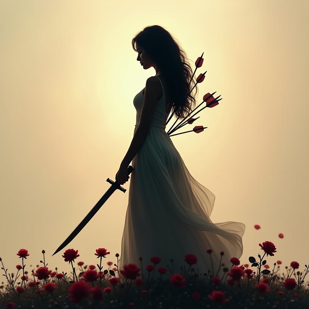 A striking silhouette of a woman standing defiantly, with a scattering of beautiful roses gracefully laying at her feet