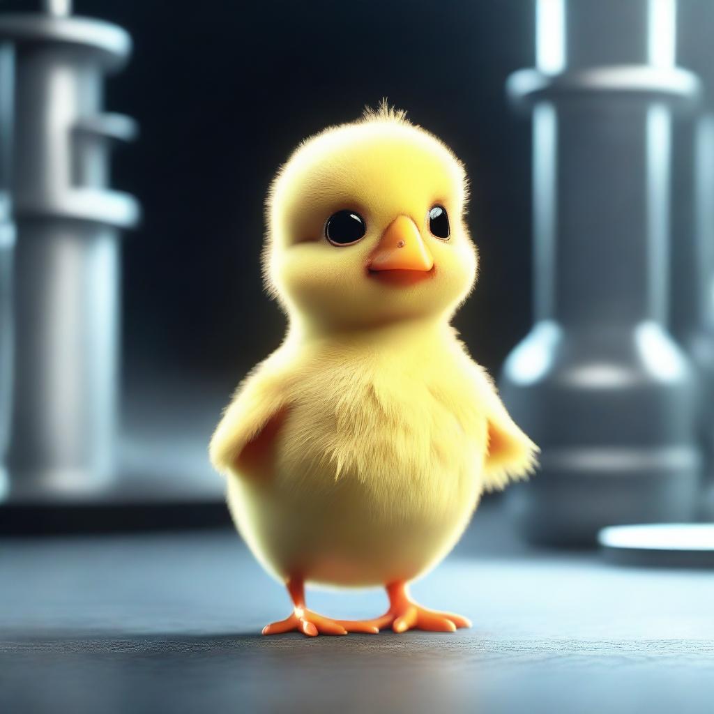 A 3D animated image depicting a small chick inside a dark laboratory