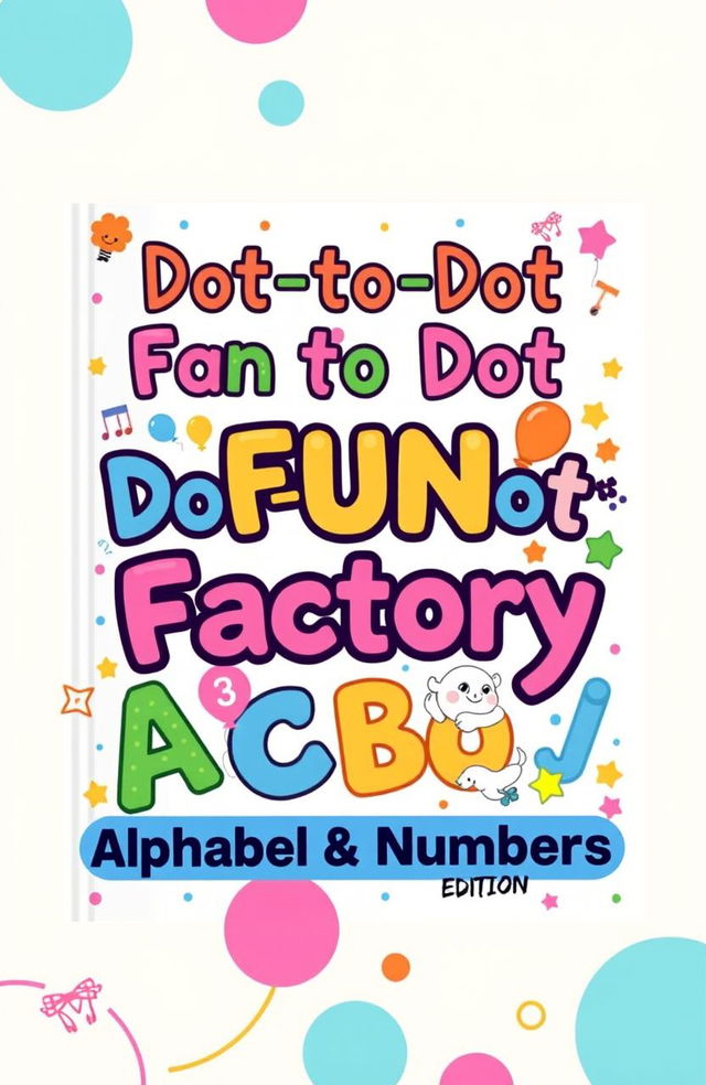 A colorful and engaging book cover design for the title 'Dot-to-Dot Fun Factory: Alphabet & Numbers Edition'