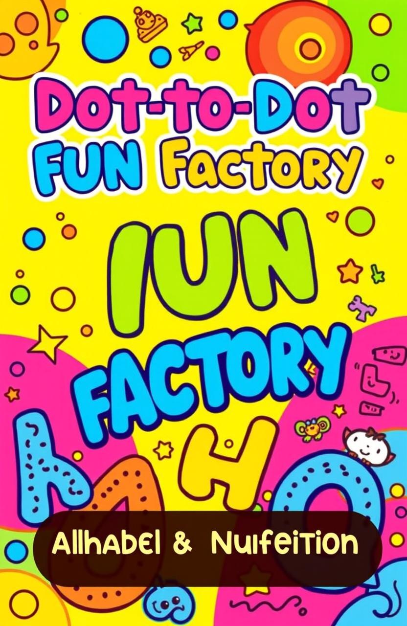 A colorful and engaging book cover design for the title 'Dot-to-Dot Fun Factory: Alphabet & Numbers Edition'