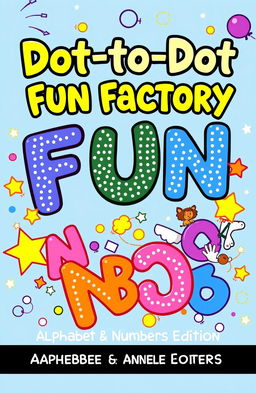 A colorful and engaging book cover design for the title 'Dot-to-Dot Fun Factory: Alphabet & Numbers Edition'