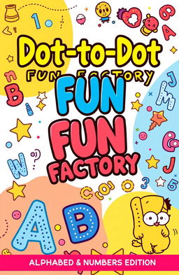 A colorful and engaging book cover design for the title 'Dot-to-Dot Fun Factory: Alphabet & Numbers Edition'