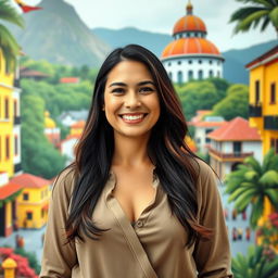 A beautiful Colombian woman aged between 35 to 40 years with long dark hair, standing upright, her chest covered by clothing