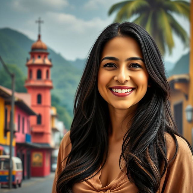 A beautiful Colombian woman aged between 35 to 40 years with long dark hair, standing upright, her chest covered by clothing