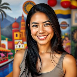 A beautiful Colombian woman aged between 35 to 40 years with long dark hair, standing upright, her chest covered by clothing