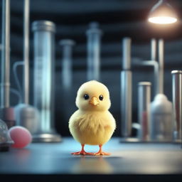 A 3D animated image depicting a small chick inside a dark laboratory