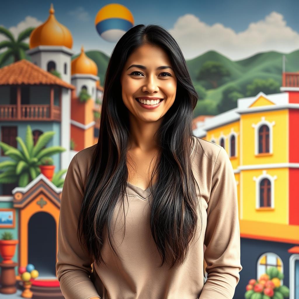 A beautiful Colombian woman aged between 35 to 40 years with long dark hair, standing upright, her chest covered by clothing