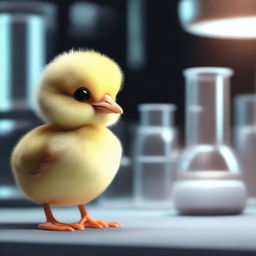 A 3D animated image depicting a small chick inside a dark laboratory