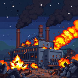 A dynamic pixel art scene depicting a factory in chaos, with large flames and explosions erupting from various parts of the building