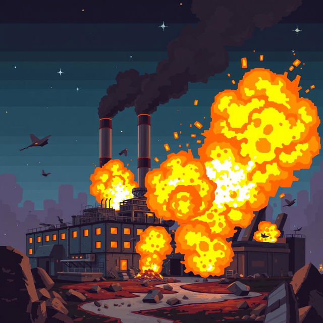 A dynamic pixel art scene depicting a factory in chaos, with large flames and explosions erupting from various parts of the building