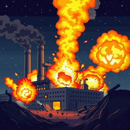 A dynamic pixel art scene depicting a factory in chaos, with large flames and explosions erupting from various parts of the building
