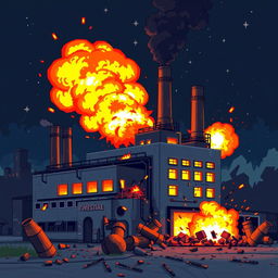 A dynamic pixel art scene depicting a factory in chaos, with large flames and explosions erupting from various parts of the building