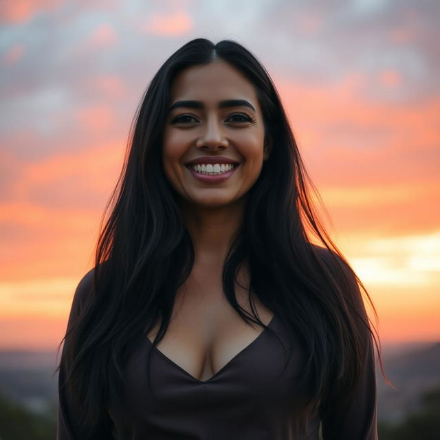 A beautiful Colombian woman aged between 35 to 40 years with long dark hair, standing upright, her chest covered by clothing