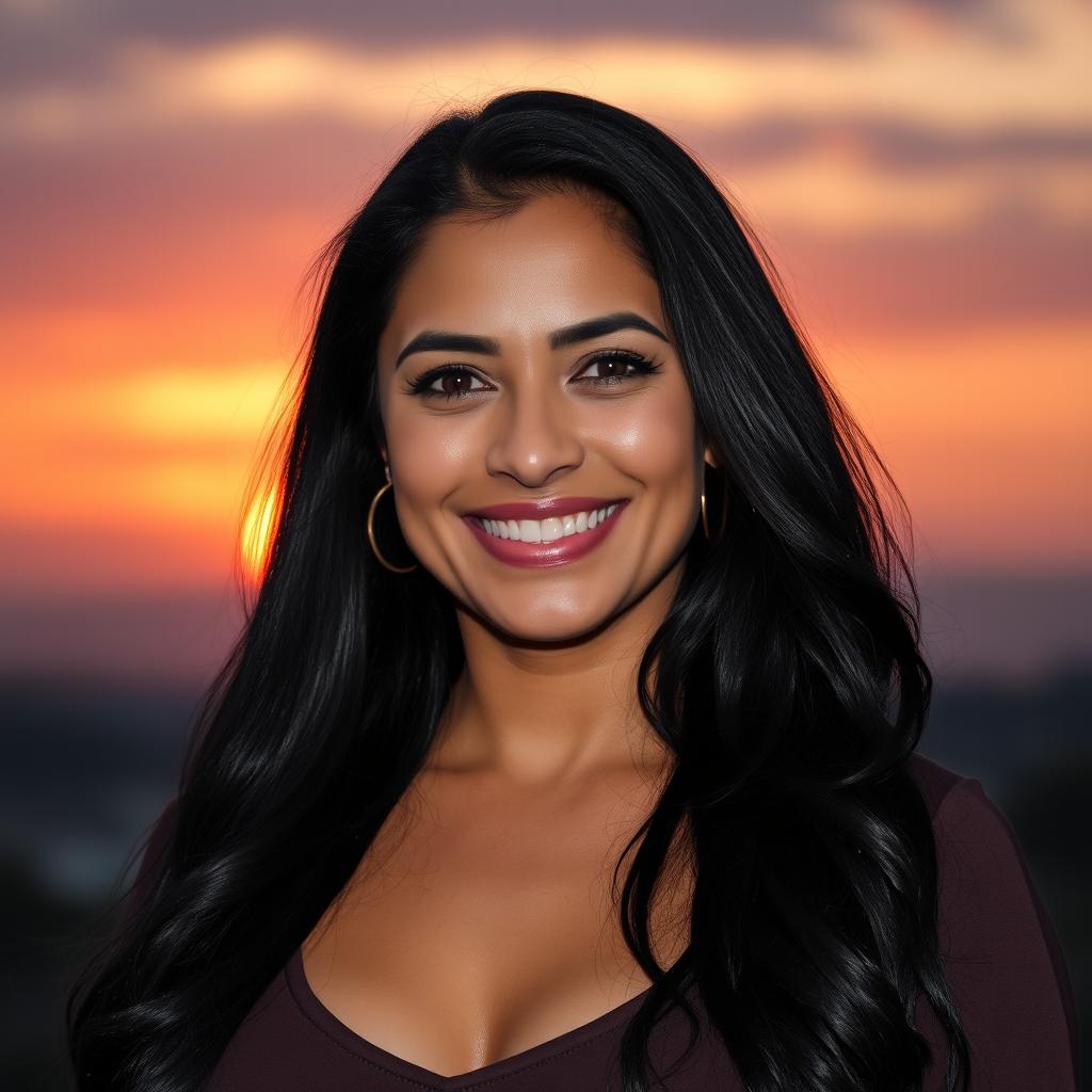 A beautiful Colombian woman aged between 35 to 40 years with long dark hair, standing upright, her chest covered by clothing