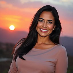 A beautiful Colombian woman aged between 35 to 40 years with long dark hair, standing upright, her chest covered by clothing