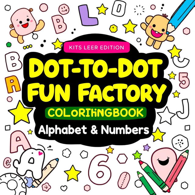 Create a vibrant and engaging activity and coloring book cover for 'Dot-to-Dot Fun Factory: Alphabet & Numbers Edition'