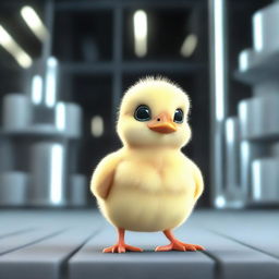 A 3D animated image depicting a small chick inside a dark laboratory