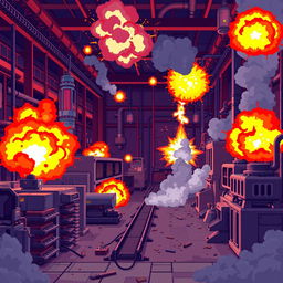 A pixel art scene depicting the interior of a factory in the midst of chaos, with vibrant flames and pixelated explosions occurring in various areas