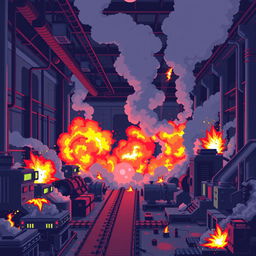 A pixel art scene depicting the interior of a factory in the midst of chaos, with vibrant flames and pixelated explosions occurring in various areas