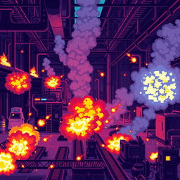 A pixel art scene depicting the interior of a factory in the midst of chaos, with vibrant flames and pixelated explosions occurring in various areas