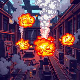 A pixel art scene depicting the interior of a factory in the midst of chaos, with vibrant flames and pixelated explosions occurring in various areas