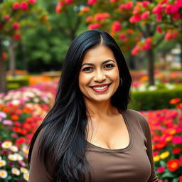A beautiful Colombian woman aged between 35 to 40 years with long dark hair, standing upright, her chest covered by clothing