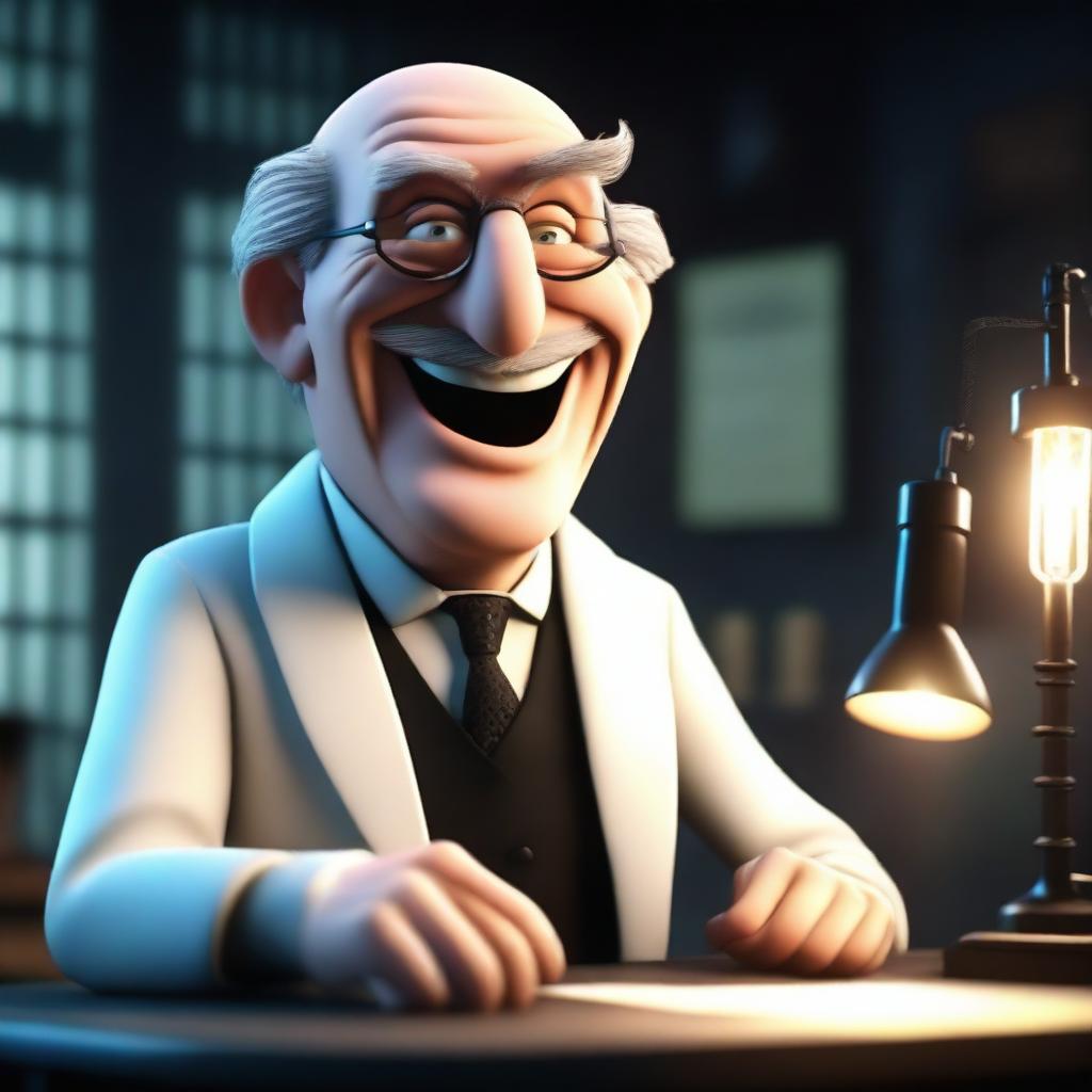 A 3D animated image depicting a sinister professor laughing in a dark laboratory