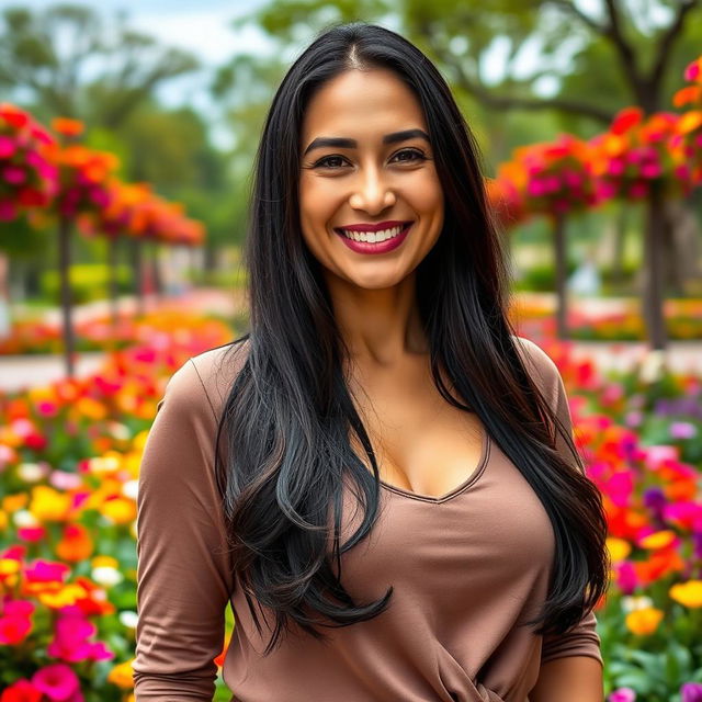 A beautiful Colombian woman aged between 35 to 40 years with long dark hair, standing upright, her chest covered by clothing