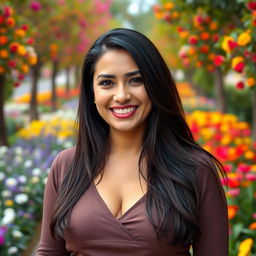 A beautiful Colombian woman aged between 35 to 40 years with long dark hair, standing upright, her chest covered by clothing