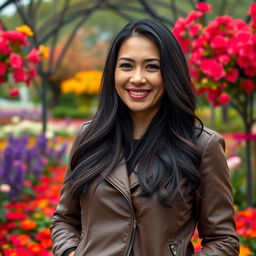 A beautiful Colombian woman aged between 35 to 40 years with long dark hair, standing upright in a full-body view