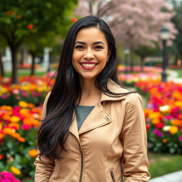 A beautiful Colombian woman aged between 35 to 40 years with long dark hair, standing upright in a full-body view