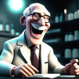 A 3D animated image depicting a sinister professor laughing in a dark laboratory