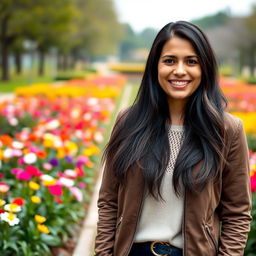 A beautiful Colombian woman aged between 35 to 40 years with long dark hair, standing upright in a full-body view
